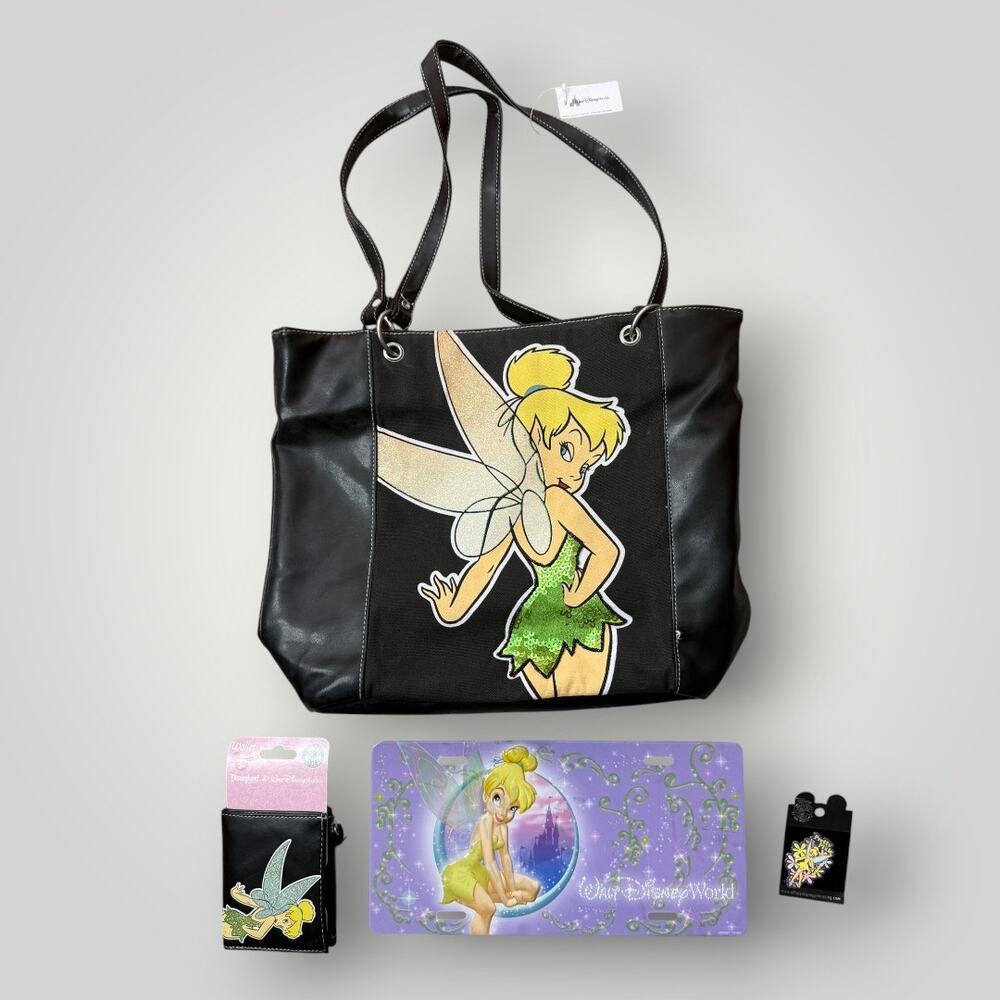 Disney Parks Tinker Bell 4 Pc Lot Tote Bag Wallet License Plate Frame Pin Fairy